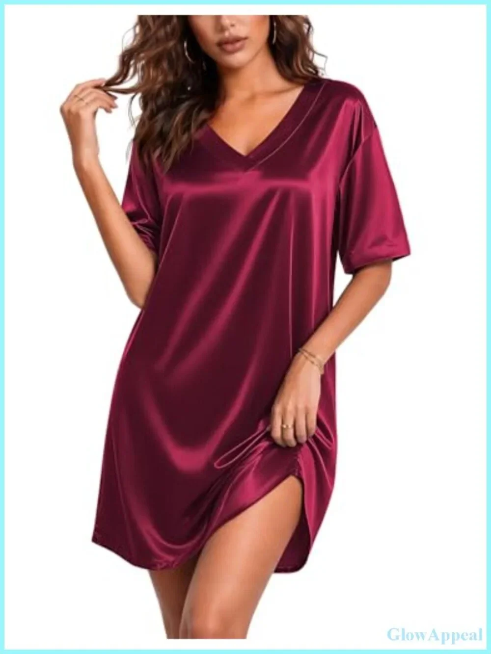 Satin Nightgown Women Silk Sleepshirt V-Neck Short Sleeve Pajama Dress